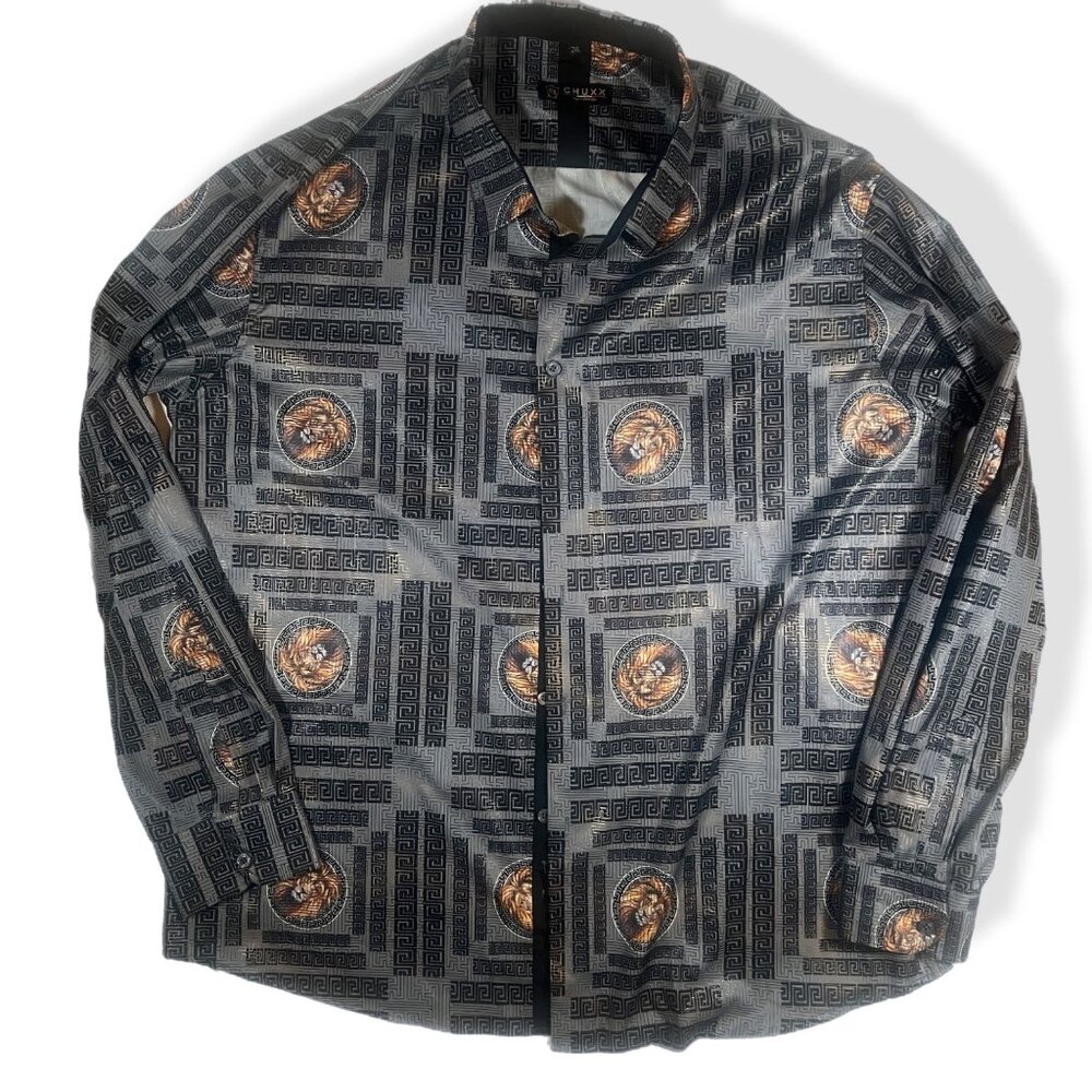 Chuxx Mens 2XL Button Front Shirt Lion Black Gold